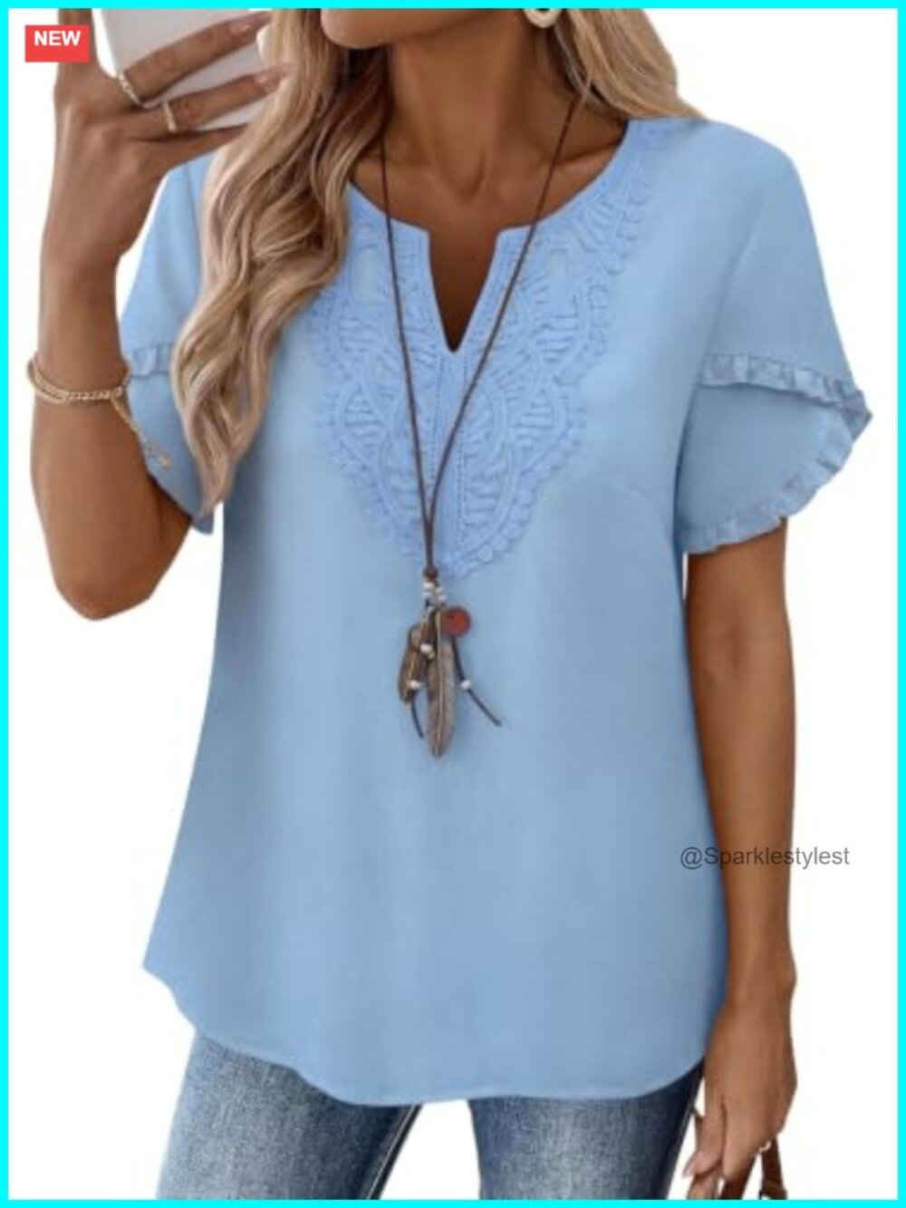 Womens Boho Lace V Neck Ruffle Flutter Sleeve Summer Top Blouse